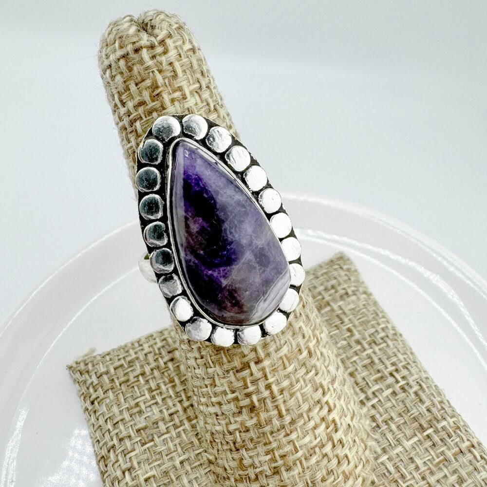Vintage Amethyst Teardrop Cabochon Ring Sterling Silver Chunky Glam Bling Boho - Picture 2 of 7